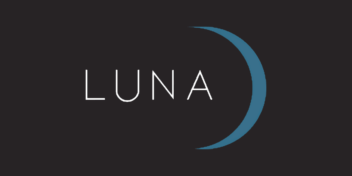 Logo featuring the word "LUNA" next to a crescent moon shape on a dark background