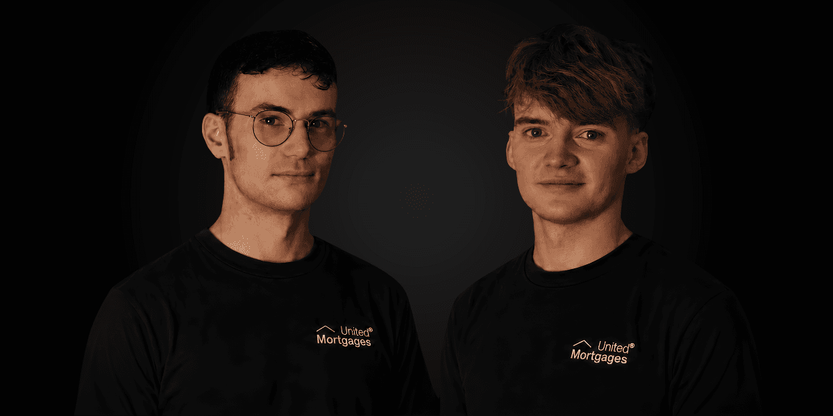 Two young men wearing black shirts with "United Mortgages" logo against a dark background