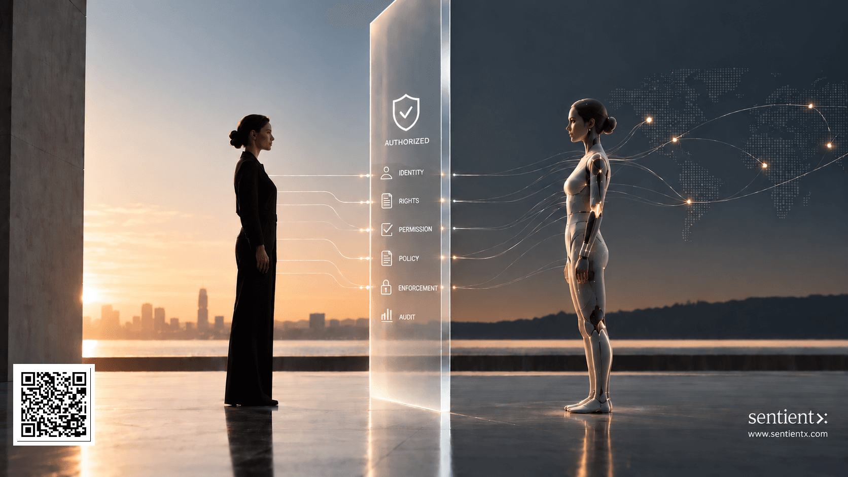 A woman interacts with a futuristic robot near a digital interface at sunset