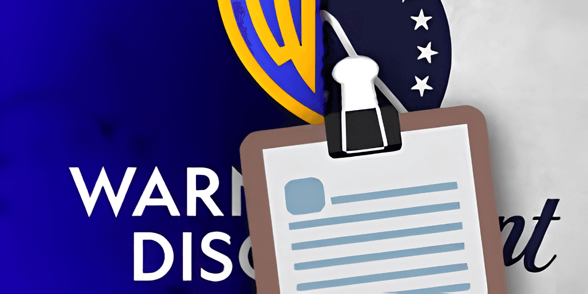 Logo of Warner Bros mingled with a clipboard featuring a document and paperclip