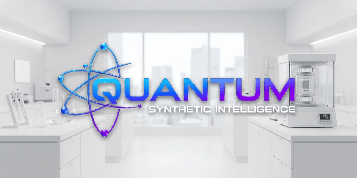 Laboratory scene featuring a modern synthesis machine and a logo for Quantum Synthetic Intelligence
