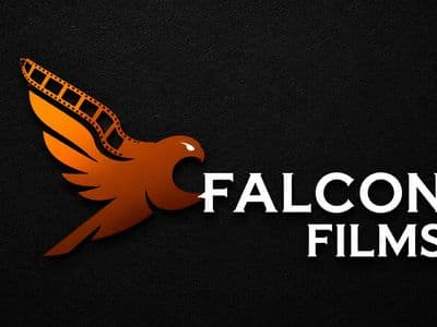 Falcon Films Production logo featuring an orange falcon with filmstrip wing beside the company name on a black background.
