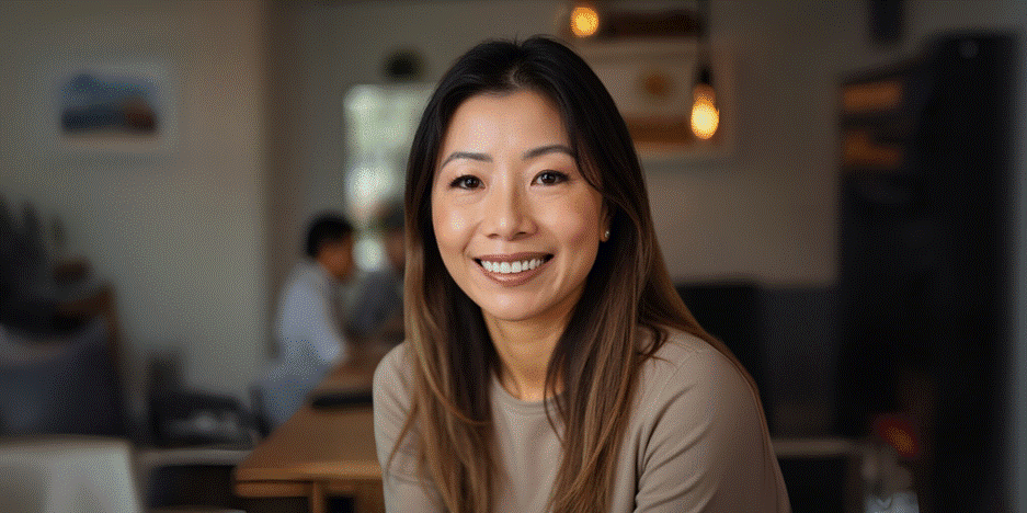 Julia Vilath, founder of Caveri, smiling warmly in a cozy cafe setting, wearing a beige sweater.