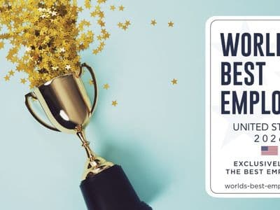 Golden trophy with star confetti, promoting "World's Best Employer - United States 2026."