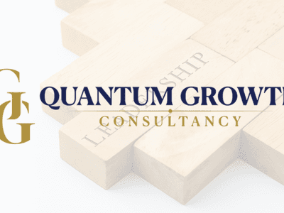 Quantum Growth Consultancy logo with a global financial background highlighting key international cities.