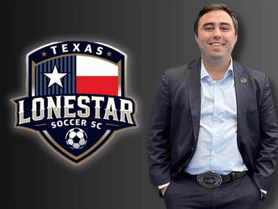 Brad Namdar stands beside the Texas Lone Star SC logo, announced as the club’s new General Manager.