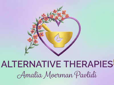 Alternative Therapies BV logo featuring floral heart design, mortar and pestle, and natural wellness branding.