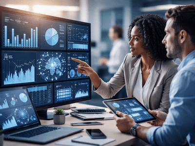 Professionals analyzing data visualizations on large screens and tablets in a modern office environment.