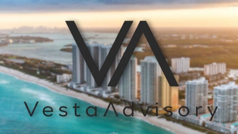 Vesta Advisory logo over a blurred cityscape, representing Lena Glavinovitch’s strategic vision in hospitality real estate.