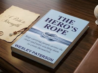 A book titled "The Hero's Rope" rests on a wooden desk alongside a parchment labeled "A Path to Strength," a small globe, and a closed journal.