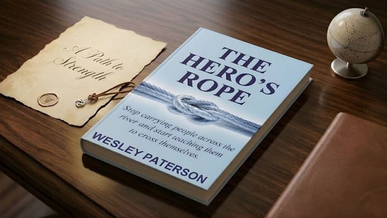 A book titled "The Hero's Rope" rests on a wooden desk alongside a parchment labeled "A Path to Strength," a small globe, and a closed journal.