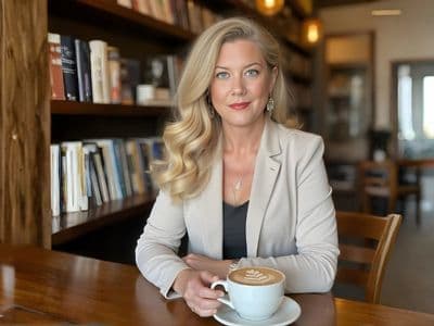 Keri Tietjen Smith, a poised professional, sits at a table with a coffee, reflecting on identity evolution and reinvention.