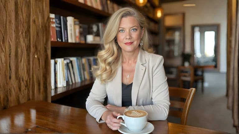 Keri Tietjen Smith, a poised professional, sits at a table with a coffee, reflecting on identity evolution and reinvention.