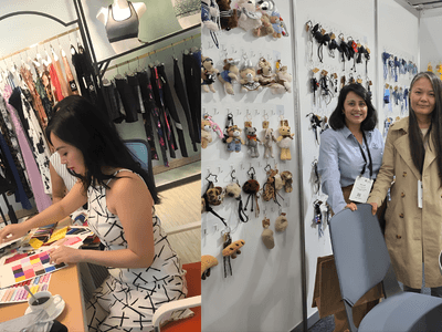 "Thu Nguyen and Kylie Tchebykin collaborating at a trade event, showcasing the innovative products and craftsmanship of Chinese manufacturing."