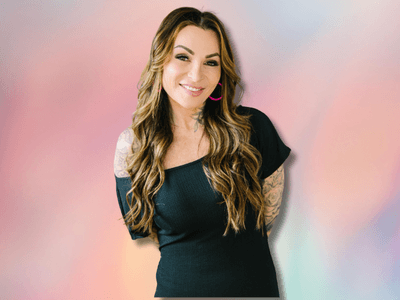 Image of a woman with long hair wearing a black dress, smiling at the camera against a pastel-colored background with the text "Empowering Women Through Data" next to her.