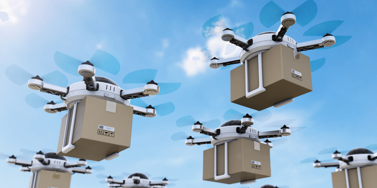 A fleet of delivery drones carrying brown packages soaring against a blue sky