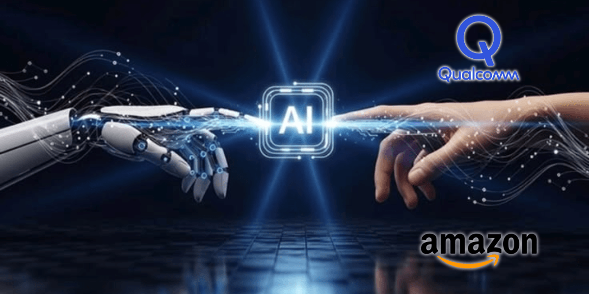 A robotic hand and a human hand reaching towards an AI symbol with logos of Qualcomm and Amazon