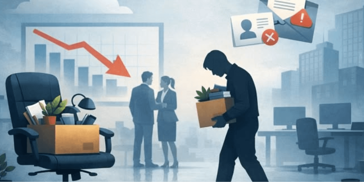 Silhouette of a person leaving an office, carrying belongings amidst a bleak business scene