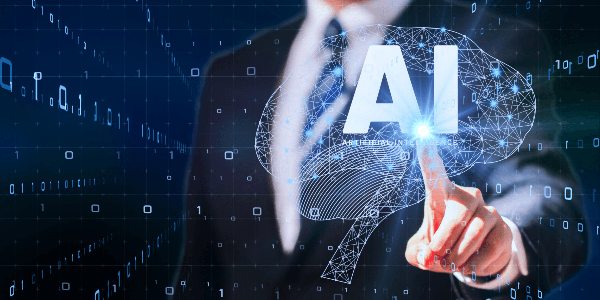 Businessman touching a digital brain with "AI" representing artificial intelligence technology