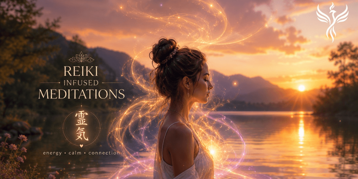 A woman in profile near a lake at sunset, surrounded by ethereal energy swirls