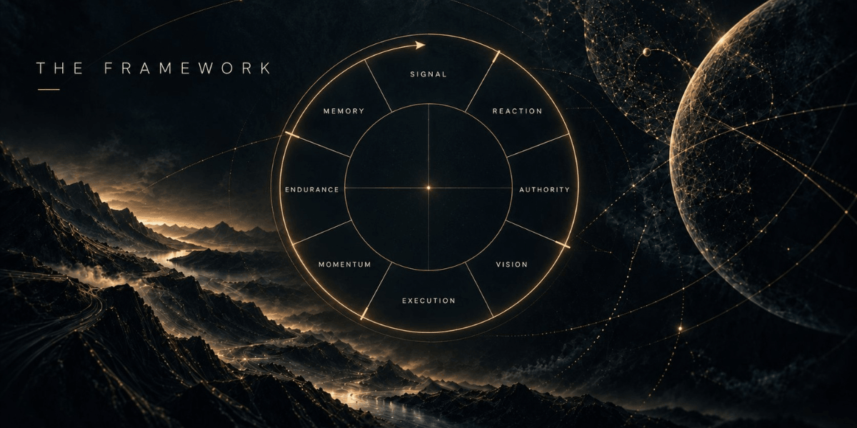 A circular framework diagram with segments labeled Signal, Reaction, Authority, Vision, Momentum, Execution, Endurance, and Memory against a cosmic background.