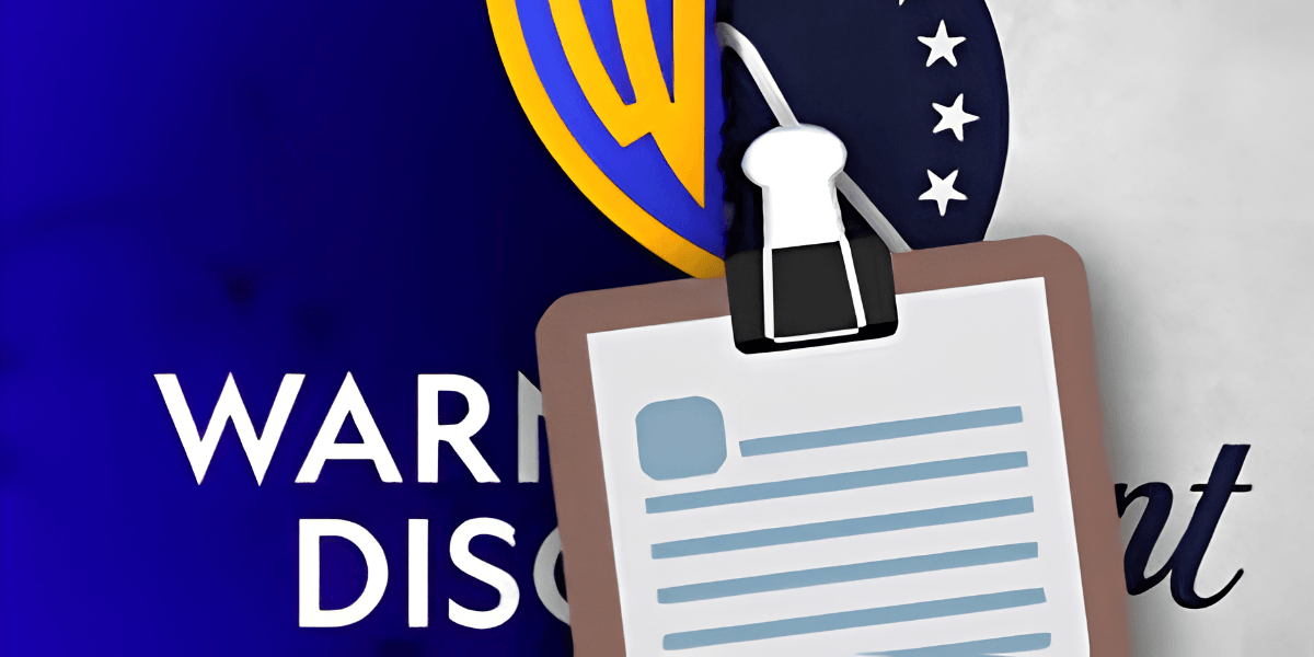 Logo of Warner Bros mingled with a clipboard featuring a document and paperclip
