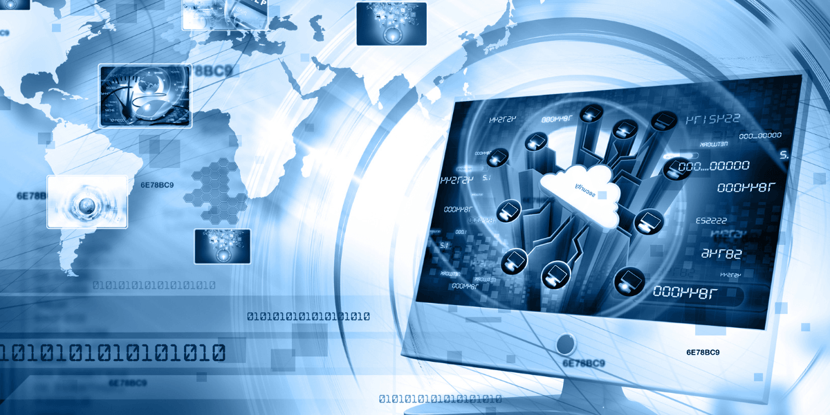 Digital illustration of a cloud network with global connectivity and data visualization elements