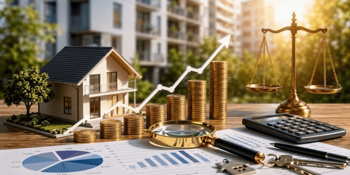 Model house, coins, graph, calculator, and scales representing real estate investment and finance