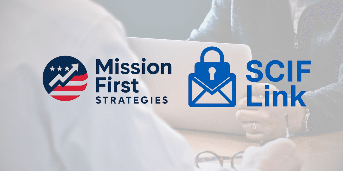 Logo of Mission First Strategies with a rising graph and stars, alongside SCIFLink's secure communication lock symbol, representing Dawn Busby's leadership and innovation in secure collaboration.
