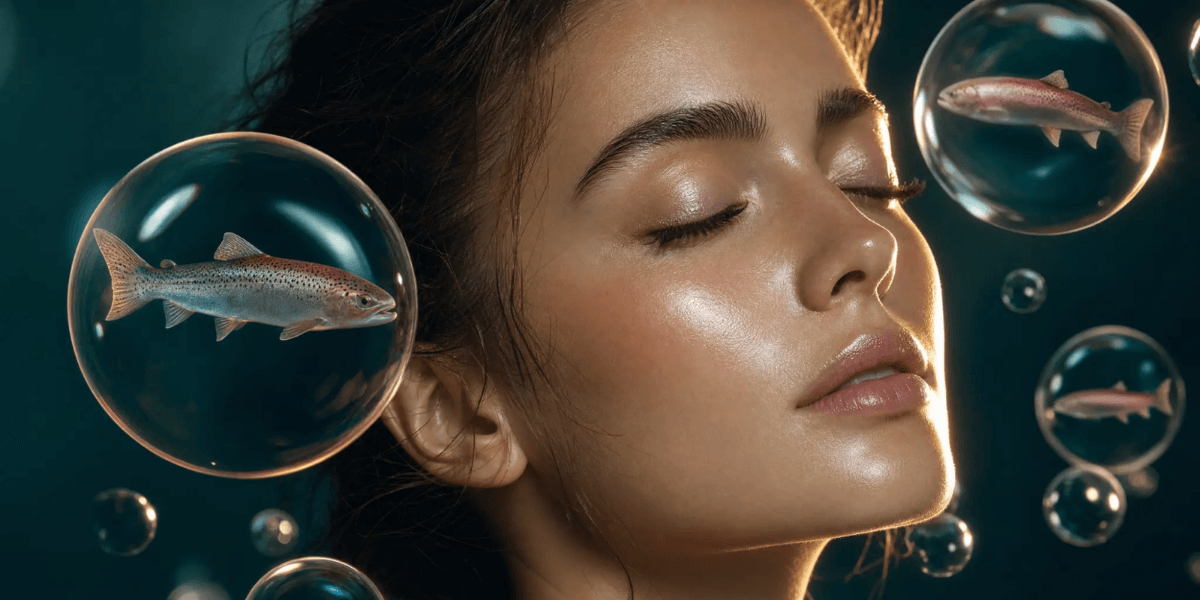 Woman with glowing skin surrounded by floating fish-filled bubbles symbolizing regenerative skincare.