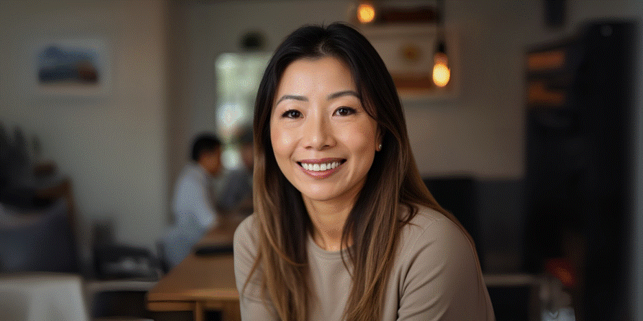 Julia Vilath, founder of Caveri, smiling warmly in a cozy cafe setting, wearing a beige sweater.