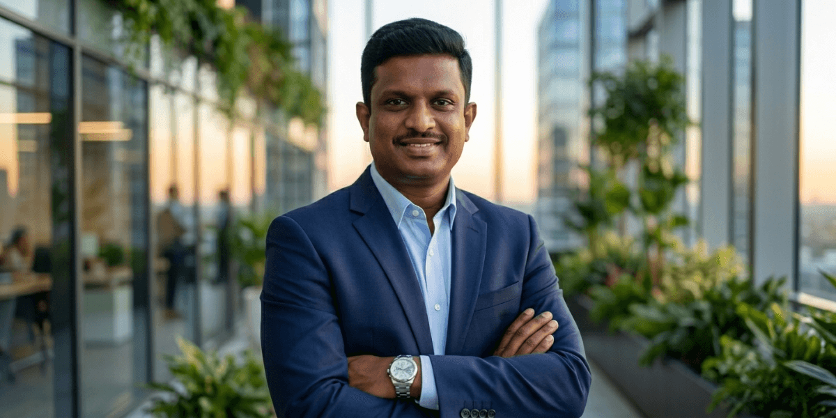 Businessman in suit smiling with arms crossed in modern office corridor with plants and glass walls.