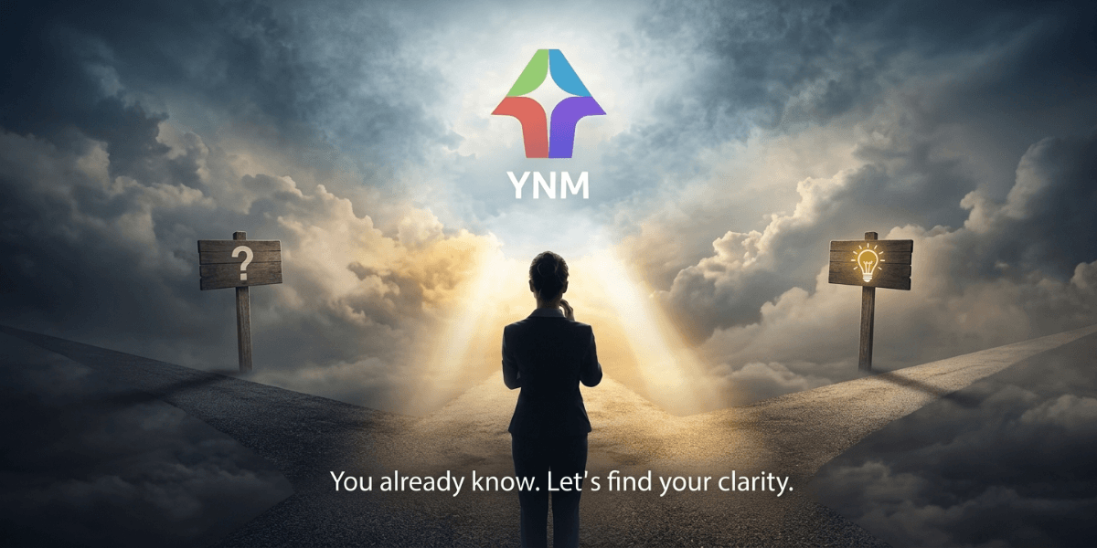Person standing at a crossroads beneath dramatic clouds, symbolizing clarity, career decisions, and guided transformation.