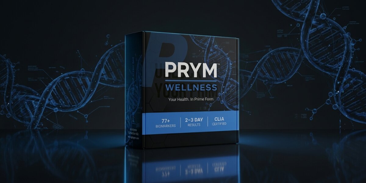 PRYM Wellness laboratory testing kit displayed against a dark background with blue DNA graphics.