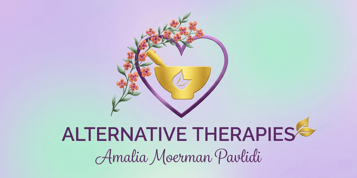Alternative Therapies BV logo featuring floral heart design, mortar and pestle, and natural wellness branding.