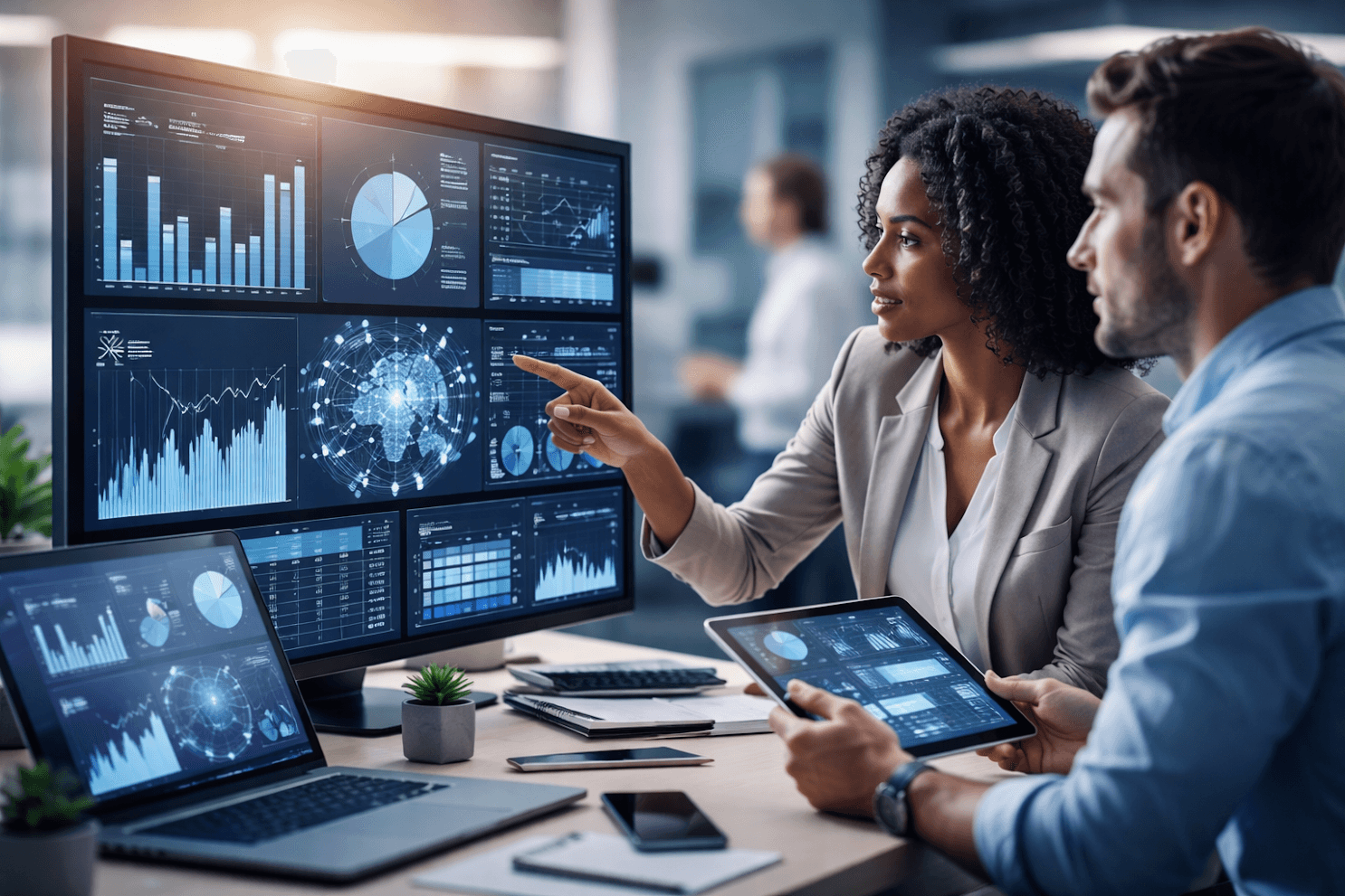 Professionals analyzing data visualizations on large screens and tablets in a modern office environment.