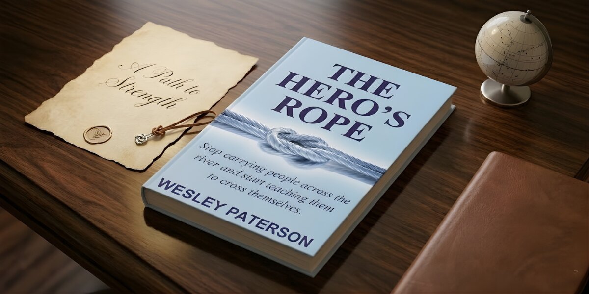 A book titled "The Hero's Rope" rests on a wooden desk alongside a parchment labeled "A Path to Strength," a small globe, and a closed journal.