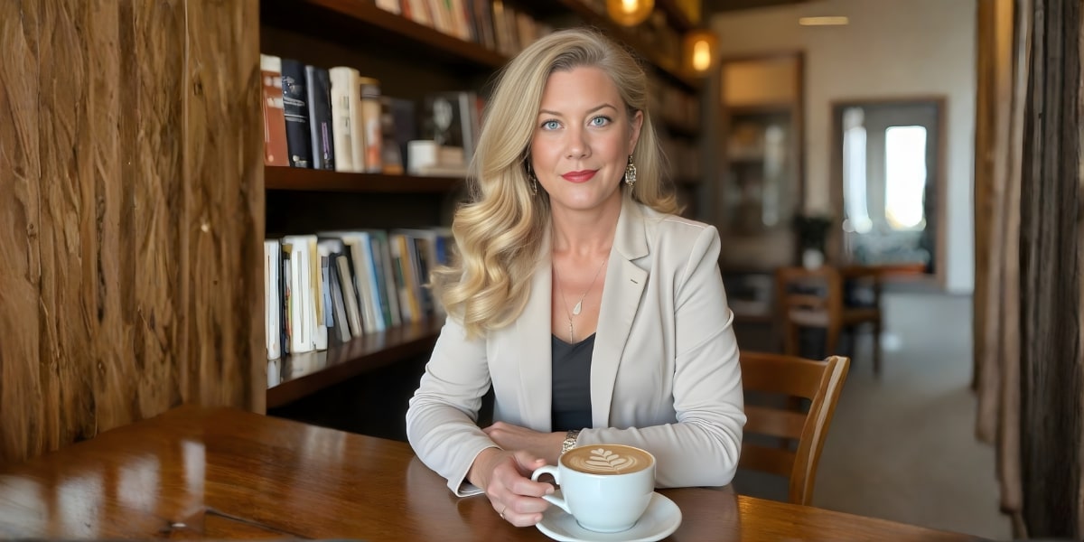 Keri Tietjen Smith, a poised professional, sits at a table with a coffee, reflecting on identity evolution and reinvention.