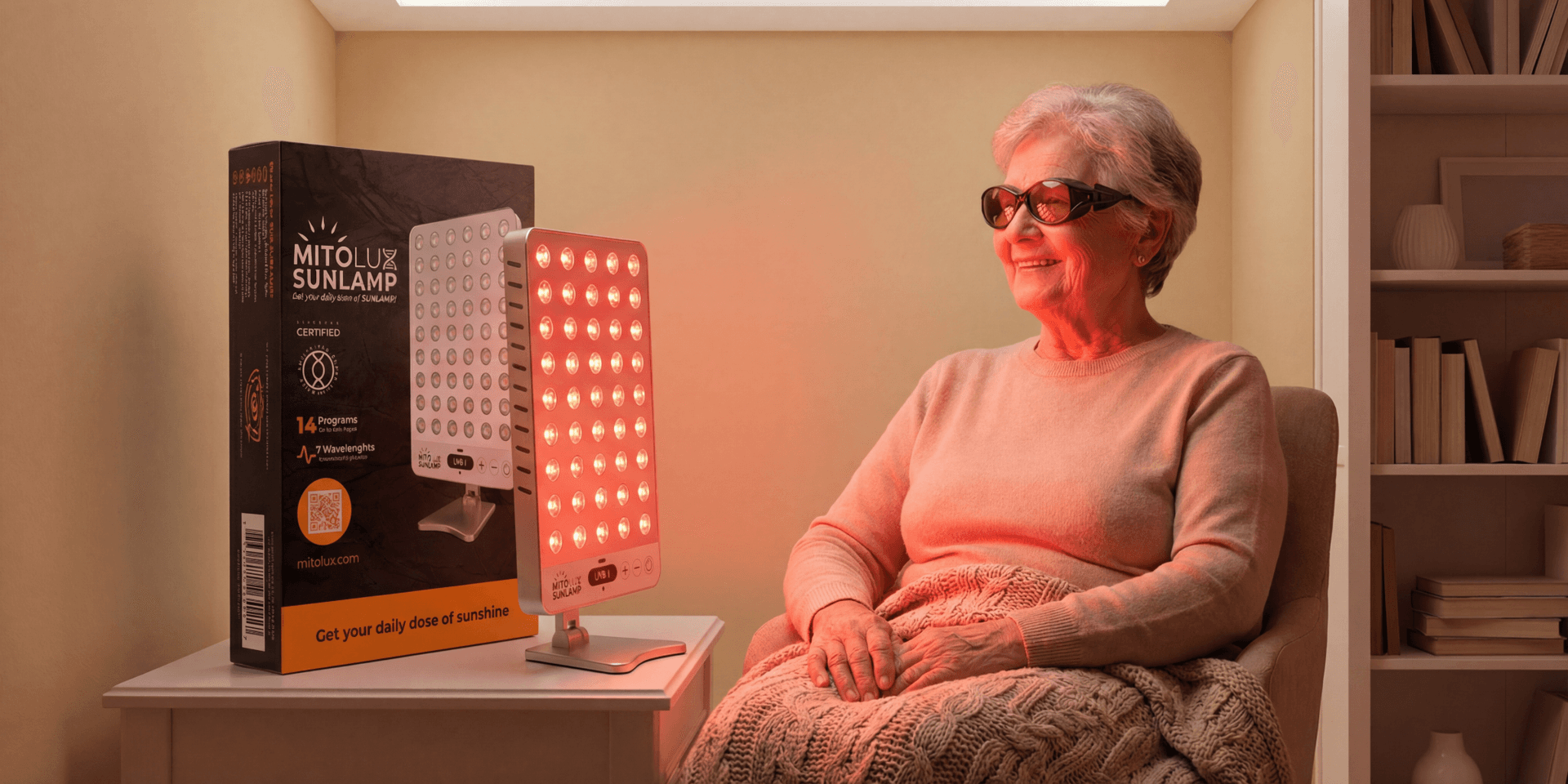 Elderly woman sitting near a red light therapy lamp, looking relaxed and content