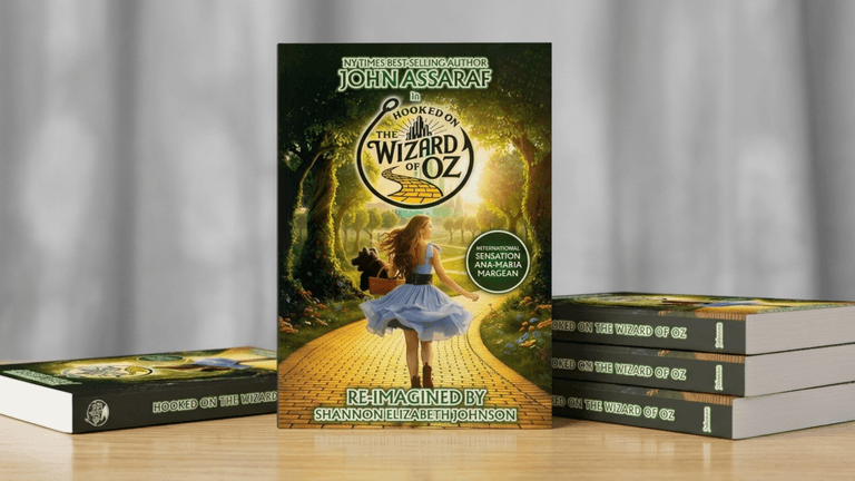 A book titled "Hooked on the Wizard of Oz" by John Assaraf on a table.
