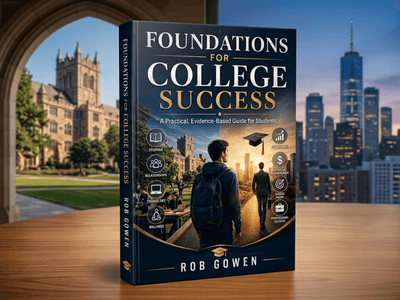Book titled "Foundations for College Success" displayed with a city skyline background