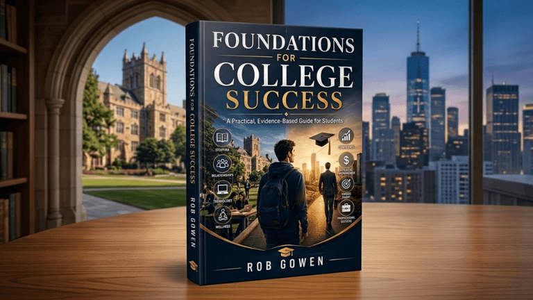 Book titled "Foundations for College Success" displayed with a city skyline background