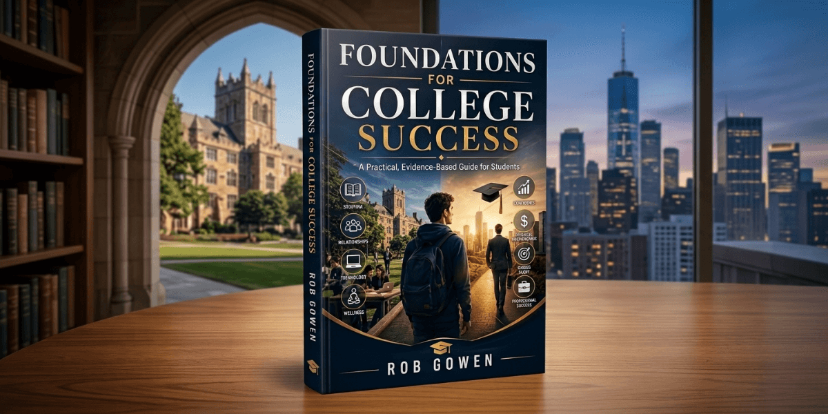 Book titled "Foundations for College Success" displayed with a city skyline background