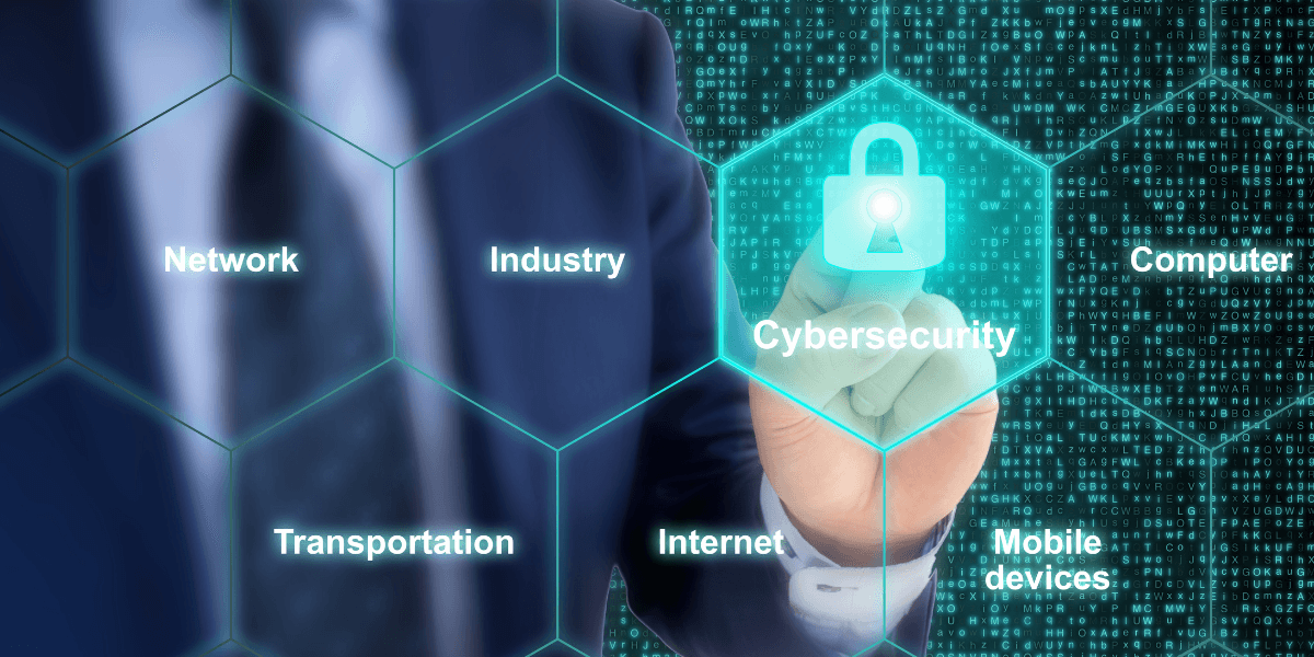 Businessman touching a digital padlock icon labeled Cybersecurity among technology-related terms