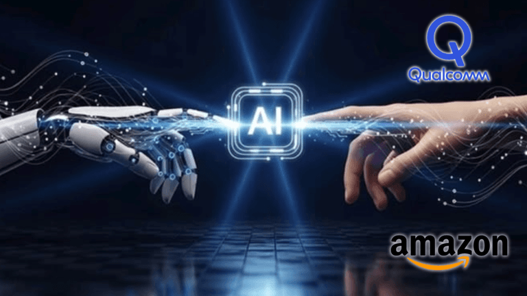 A robotic hand and a human hand reaching towards an AI symbol with logos of Qualcomm and Amazon
