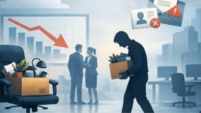 Silhouette of a person leaving an office, carrying belongings amidst a bleak business scene