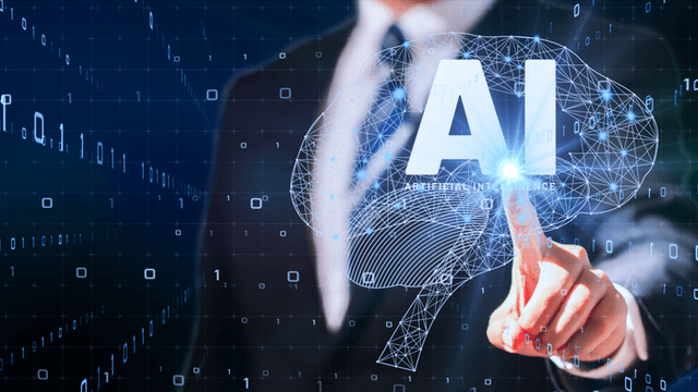 Businessman touching a digital brain with "AI" representing artificial intelligence technology