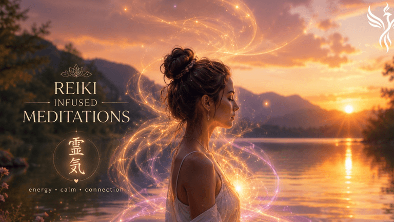 A woman in profile near a lake at sunset, surrounded by ethereal energy swirls