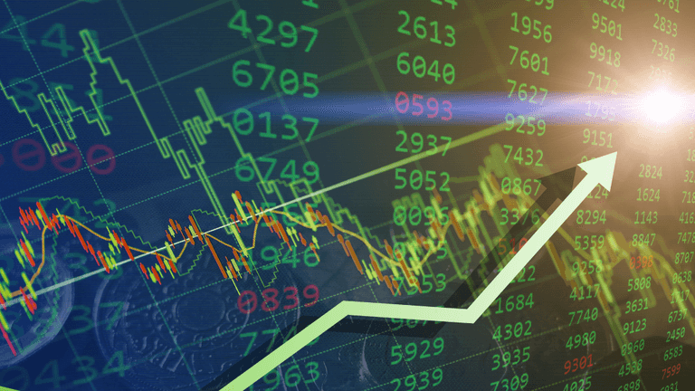 Financial chart with rising trend lines and stock prices on a digital display