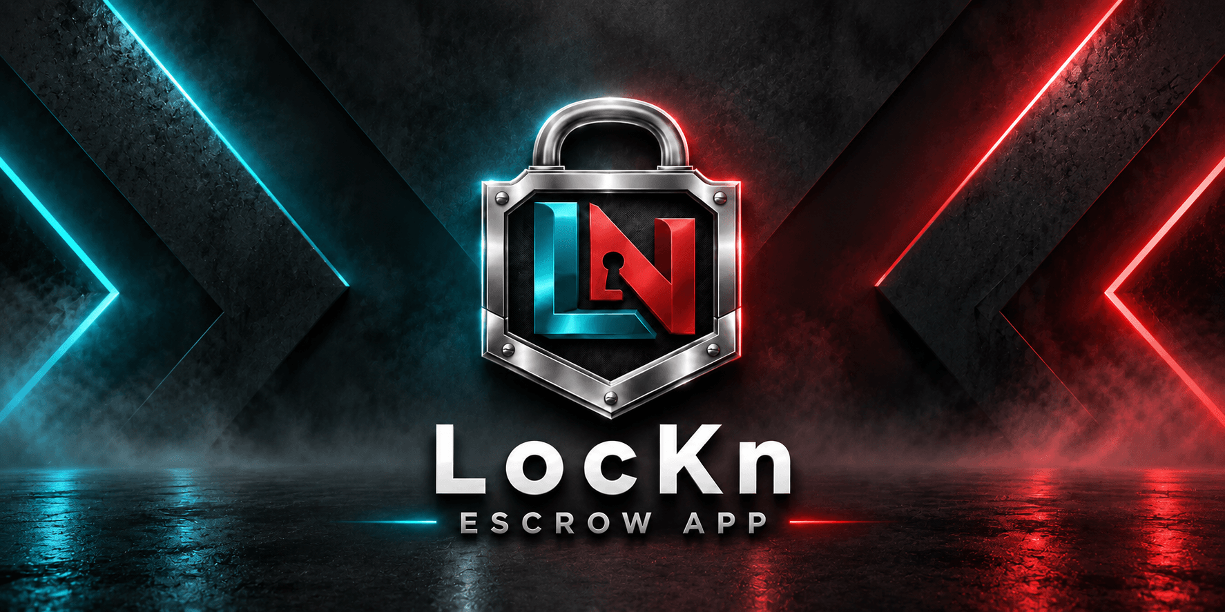 Logo of Lockn Escrow App with a metallic padlock and colorful background lights